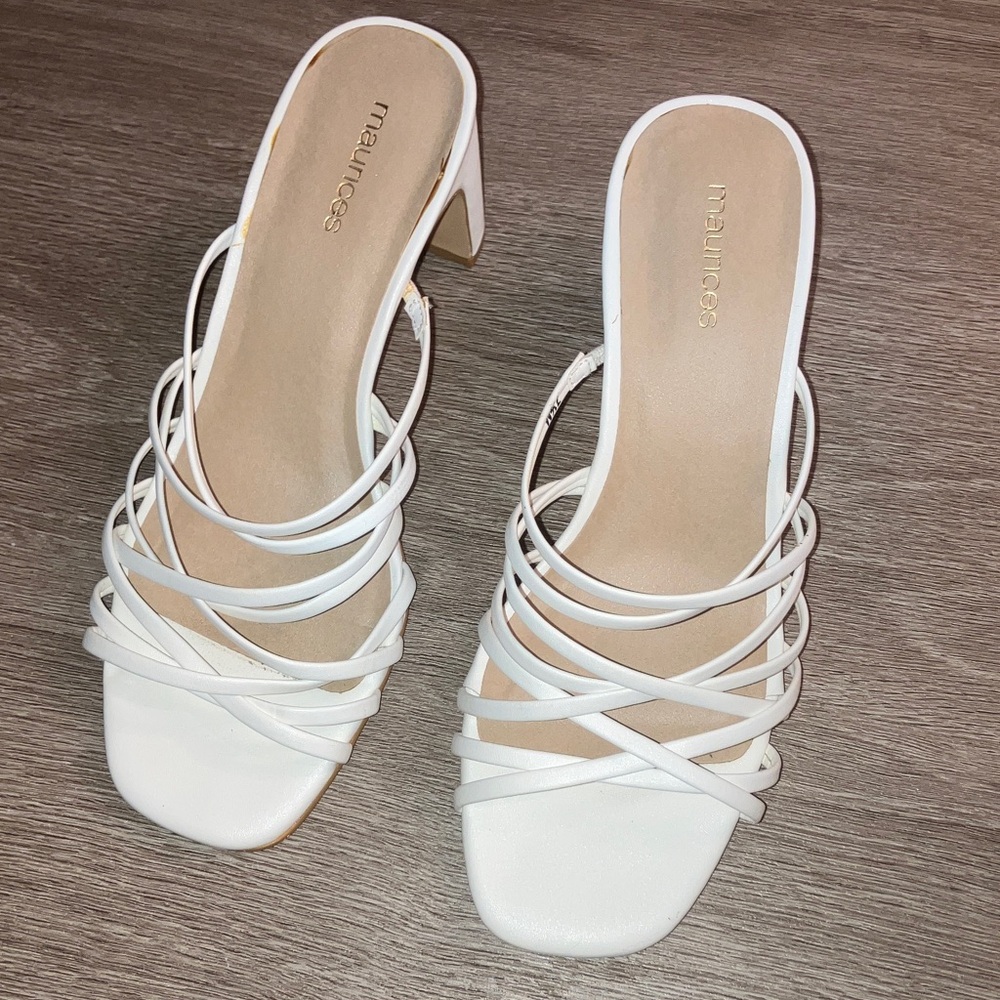 Maurices White Multi-Strap Square-Toe Heeled Mules